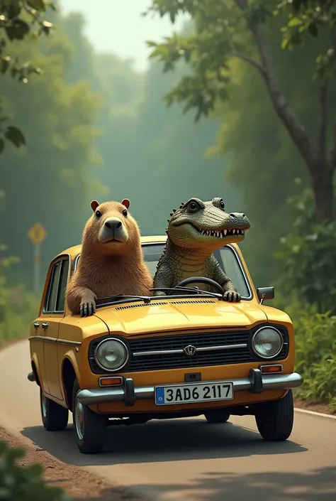 capybara and crocodile driving a Lada 2107