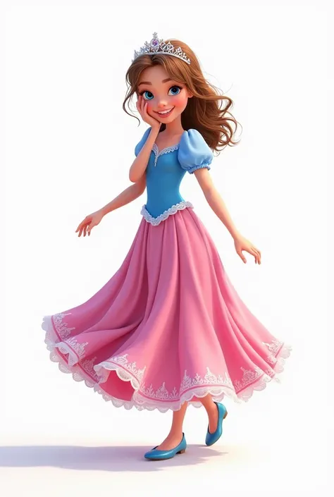 A princess girl, twelve years old, blue eyes, smile, long dress pink and blue, left hand on face, walking, whole body, ((((white background)))).