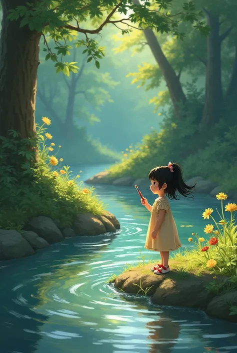 A girl finds a brush in the river in the style of Studio Ghibli