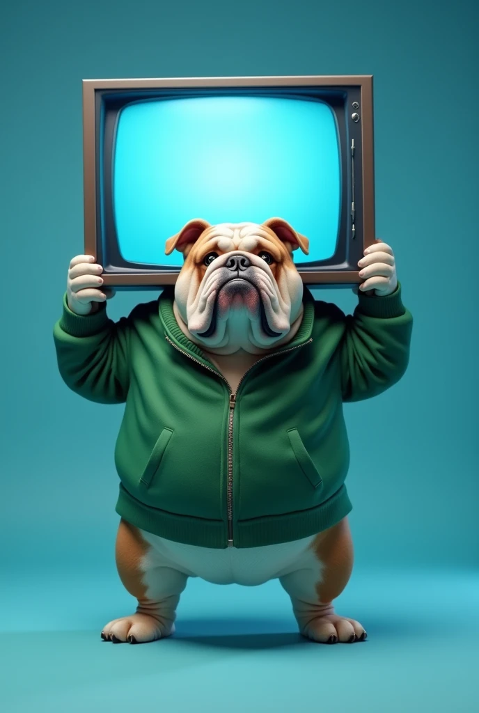 Bulldog dog green jacket carrying two hands blue screen television