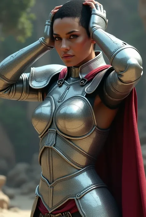 mulher latina, wearing shiny silver armor all over her body, short hair, hands on head 