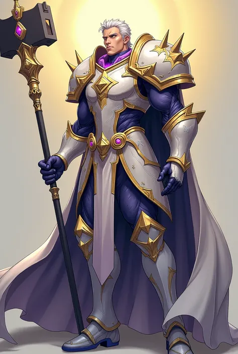 A paladin (masculine), light skinned,  with a calm yellow look ,  she wears sacred silver armor with purple details/amethyst, She has a height of 3 meters , and a muscular physique.  She wears a huge black cursed sledgehammer  ( anime style )