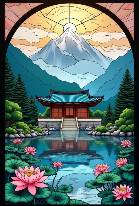 
" A stained glass window that represents a traditional Korean temple in the middle of a mountainous landscape.  The stained glass combines intricate details with vibrant colors , showing the curved roof of the temple covered with blue tiles , The temple h...