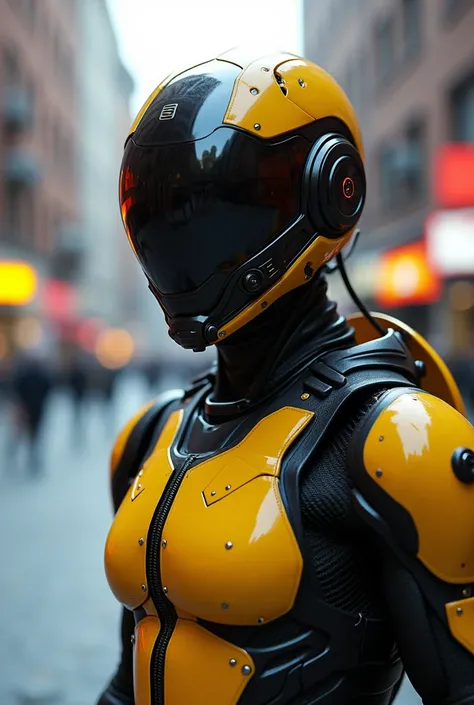 a close up of a person in a futuristic suit on a city street, cyberpunk cyborg wasp, cyber suit, alien armor, hyper-realistic cyberpunk style, diverse cybersuits, alien warrior, 3 d render character art 8 k, sci - fi suit, cybersuits, cybersuit, muscular! ...