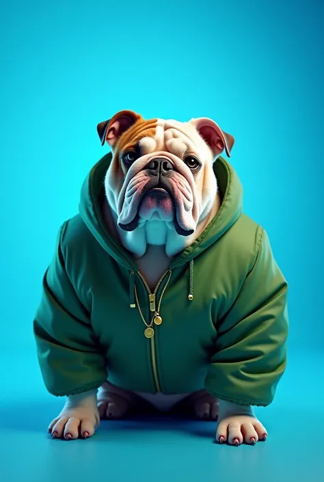 Dog bulldog green jacket loading blue screen