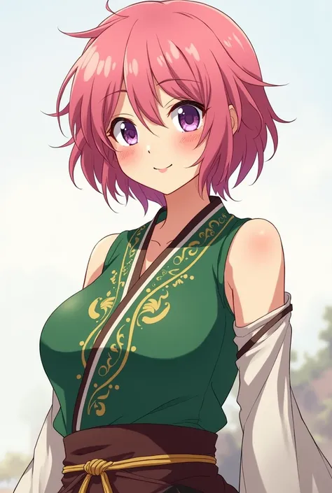 Full body image of anime young adult female has short frizzy pink hair and purple eyes like Momo in  the To LOVE-Ru manga, bigger bust size looks more mature. Flirty and naughtiness on face. Wears sleeveless green warrior hanfu with golden embroidery 