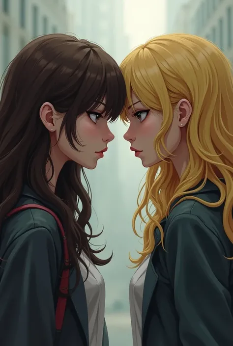 A brunette with long wavy hair and bangs and a blonde face to face who hate each other at college, On a slightly distant plane. The title  : rivals. 