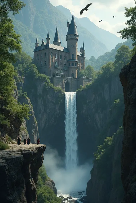 wizarding school on the edge of a canyon with a waterfall flowing surrounded by forest trees and brushes. 