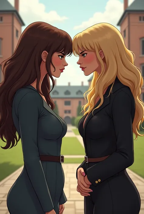 A brunette with long wavy hair and bangs and a blonde face to face who hate each other at college, They are rich ,  and they have a bit of weight
The title : Rivals. 