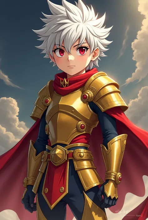 A boy similar to Gilgamesh from fate zero, he wears Gilgameshs armor from fate zero, he has white hair spiky back and red eyes. ((Best Quality)), ((anime style)) ((Details))