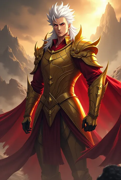 A man similar to Gilgamesh from fate zero, he wears Gilgameshs armor from fate zero, he has white hair spiky back and red eyes. ((Best Quality)), ((anime style)) ((Details))