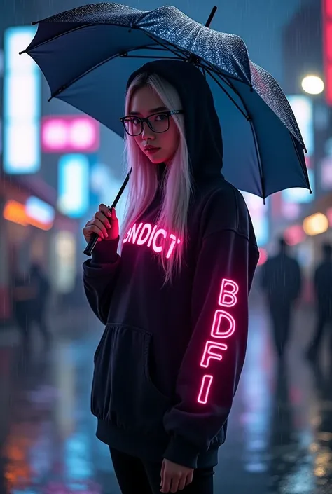 ฉากsi-fi, Thai Women,Age26 ,Wear glasses, on the sleeves is multicolored neon , wearing a black hoodie, screen ""BNDICT "" The light is dark with pink, , black street pants , pink sneakers ,, white long hair, pink highlights under the hood, {x} on the hand...