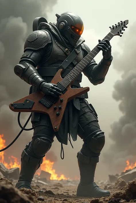 A helldivers from the game Helldivers 2 with a guitar and Eddy from Iron Maiden