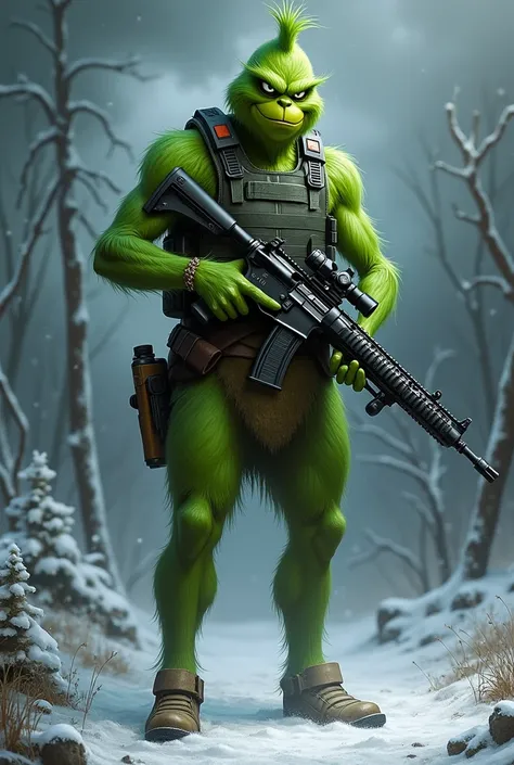 Grinch with bulletproof vest and heavy-caliber gun.