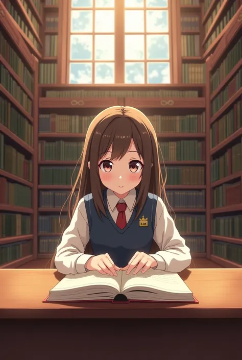 An anime student reading a book in the library 