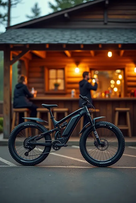 A black trail bike at a bar stops in the parking lot and the driver drinking a coke at an indoor bar a HIKING bike
Tuvigual does in a bar type of wood in the interior city