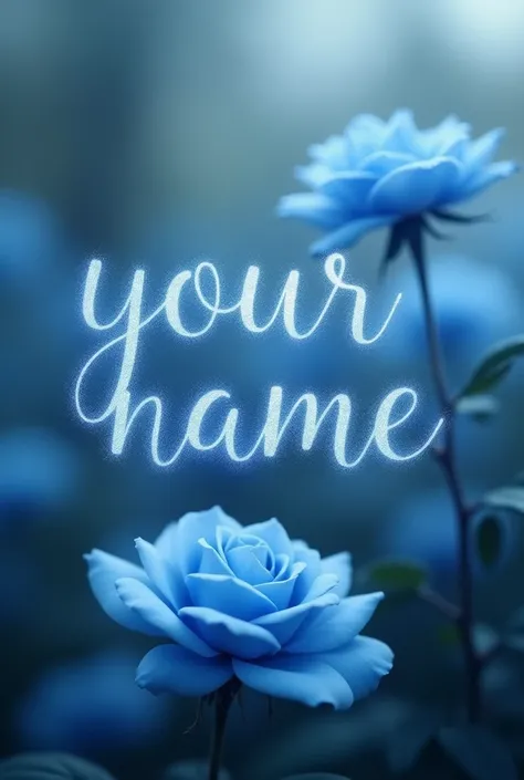 "Your name" written in the air with ink ,  in the background of a blurry blue rose garden