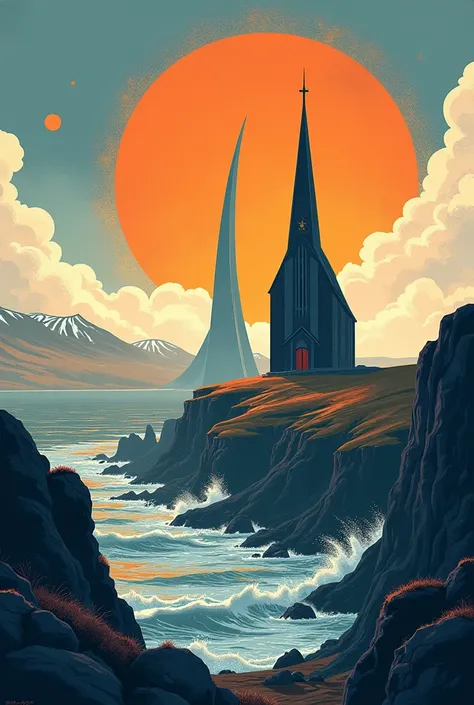 Make me a poster that represents Iceland with the Church of Hallgrimur and Sólfar