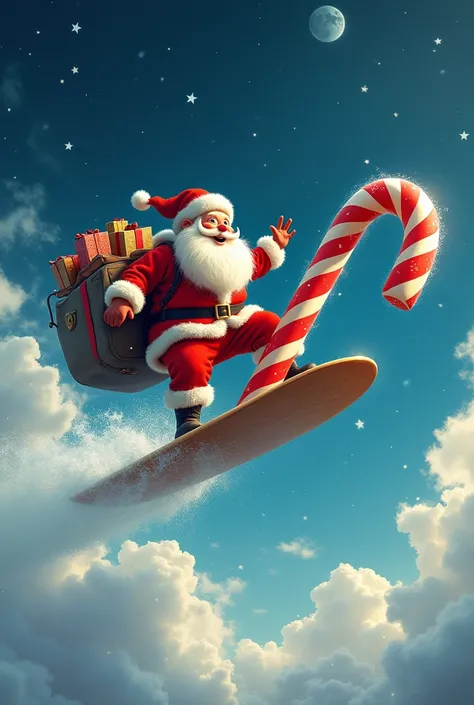 Santa riding a massive candy cane like a surfboard, flying through the sky delivering gifts.