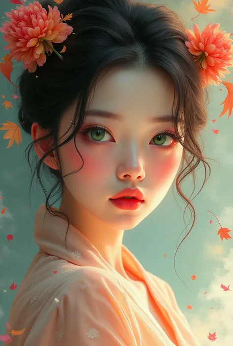 a Chinese woman wearing glasses ,Agnes Cecilia,bright design,cores pastel,paint drops,autumn lights,  detailed face, beautiful and detailed eyes , detailed lips and beautiful , green eyes and extremely detailed face, long lashes, photorealistic ,hyper deta...