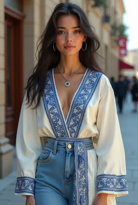 A Turkish teenage women and wears modern life clothes but this clothe has turkish traditional details,  white and blue