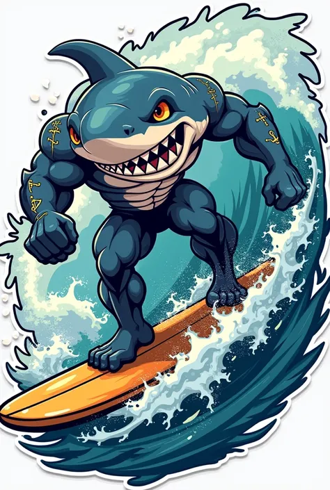 Maistance school patch featuring a muscular animated shark surfing with an anchor tattooed on his arm