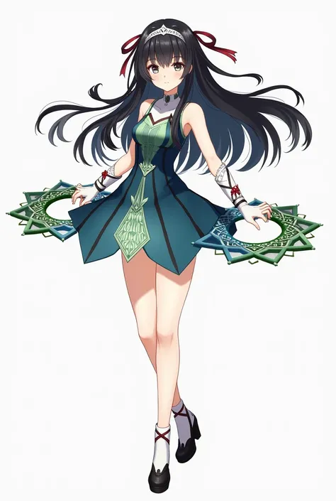 Anime game character with long black hair and silver ornaments and ribbon-shaped headband. Im wearing a short sleeveless dress with a combination of blue and green, There is a geometric pattern on the bottom of the dress .  The arms are intricate ornaments...