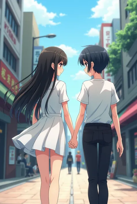 An 18-year-old anime girl who has long black hair and brown eyes wears a short white dress and walks next to a girl of the same age and holds her hand. She has short black hair and sharp red eyes with some bandages on her face and wears black pants and a w...