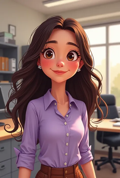 animation,  brunette woman with rounded face ,  indigenous origin and brown hair,  wearing lilac dress shirt with white details, braces and office background  
