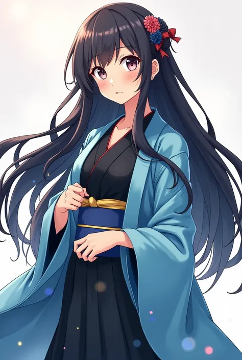 anime girl in blue kimono with long hair and black dress, an anime drawing inspired by Kusumi Morikage, pixiv, shin hanga, flowing hair and long robes, anime character, female anime character, young anime girl, beautiful anime style, :14 80s anime style, l...