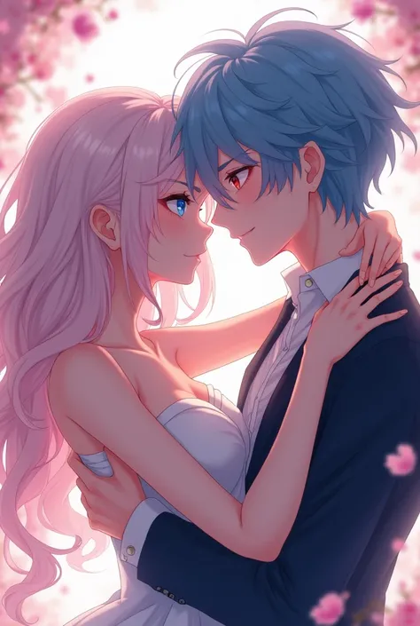  woman with pale blue eyes and long wavy pale pink hair making out with the future emeperor, he have blue medium hair and red eyes in an anime style 