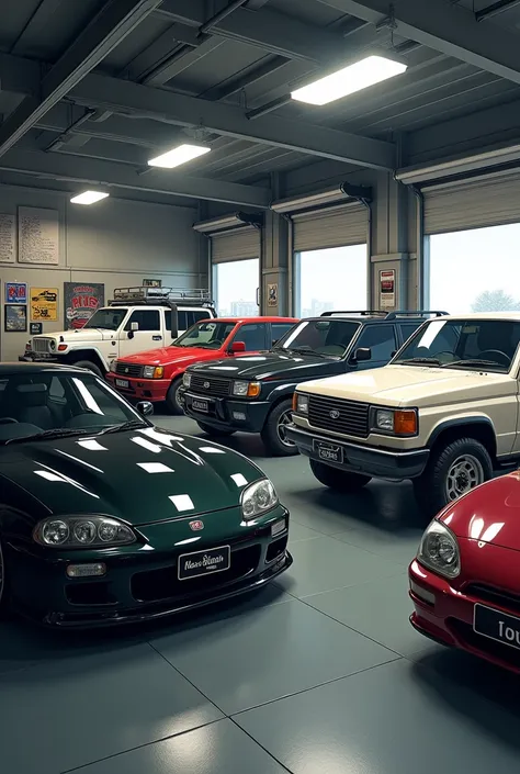 A realistic scene,a one big Garage in a cars , honda civic 10 gen ,land rover,V8 land cruiser white, Toyota fortuner, honda civic 2000 black, Toyota supra, Toyota mark x, revo Hilux black .all car are number plate is "nasir baloch "