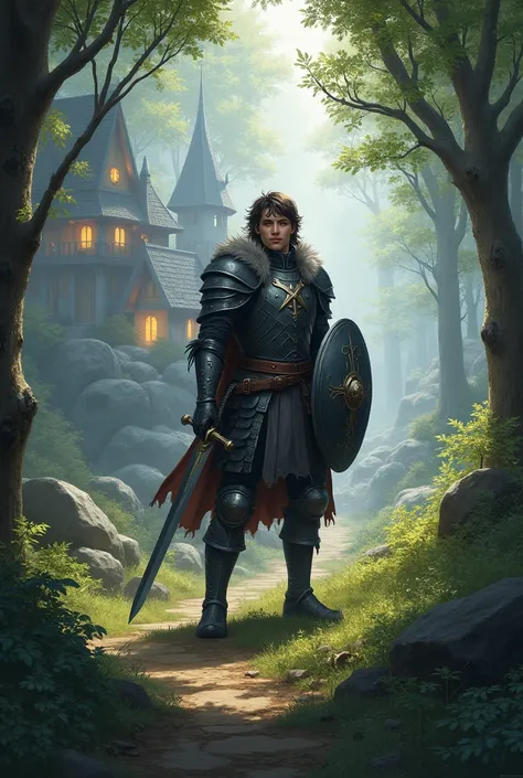 fantasy artwork, young man, dark grey fur, plate mail, sword in hand, shield in hand, fantasy forest village background
