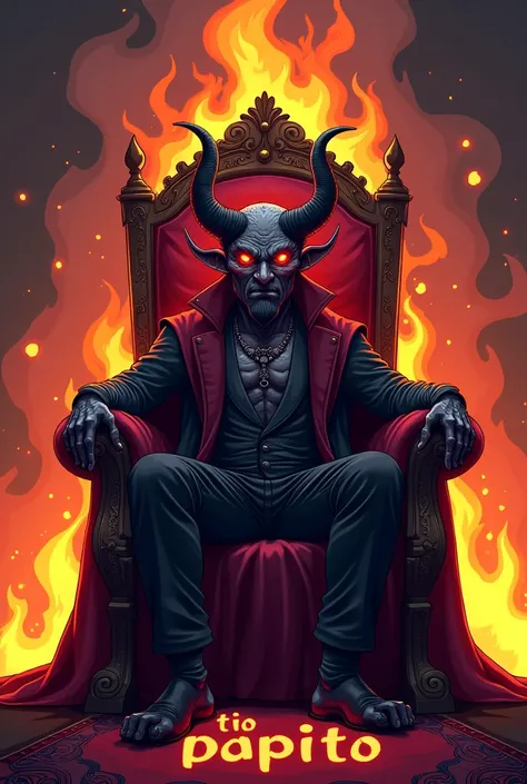 The devil sitting like a king and behind him that there are still flames lighting up and with a phrase at his feet to say " Tio Papito " In cartoon format for TikTok photo
