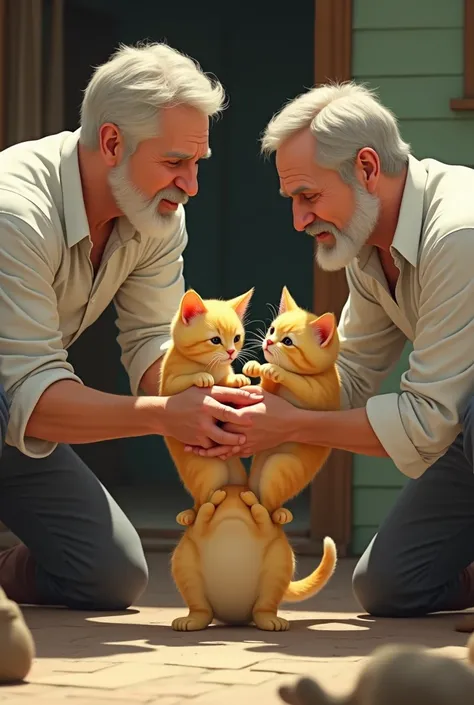 Two white men take the two yellow kittens from their mother the cat 