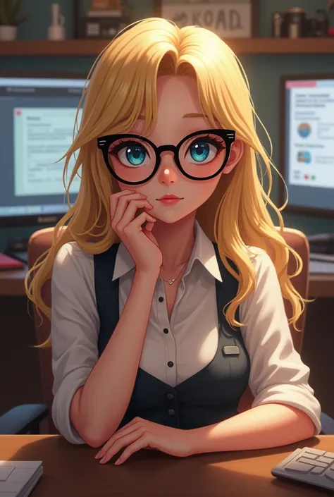 (((Very realistic,  super details ))), A realistic high resolution photograph of a young girl with a round face and a graceful body, Charming blonde , Blue eyes, pink shirt, ((A little big breasts )), ((( big cat eye glasses ))),   podcast studio sitting o...