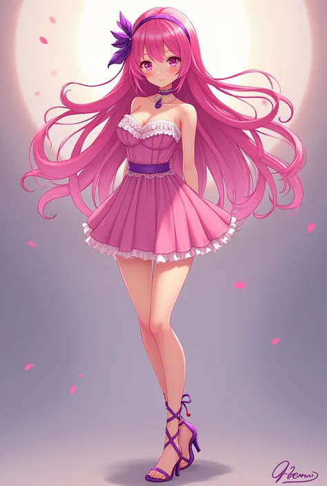  From anime Novinha
Pink hair
purple headband
sexy pink short dress
Whole body 
transparent colored high heels tied around the legs  