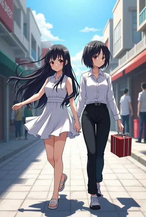 An 18-year-old anime girl who has long black hair and brown eyes wears a short white dress and walks next to a girl of the same age who has short black hair and sharp red eyes with some bandages on her face but black pants and a white shirt and carries gif...