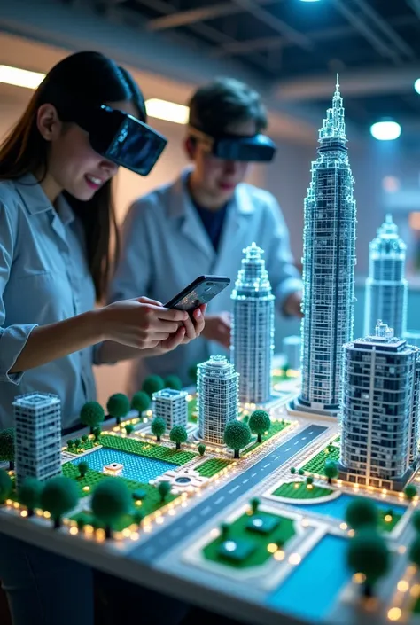 A group of university students in a modern laboratory, using augmented reality to collaboratively build a futuristic LEGO city. One student is using a smartphone to place floating LEGO skyscrapers, while the other is wearing AR glasses, adjusting and addin...