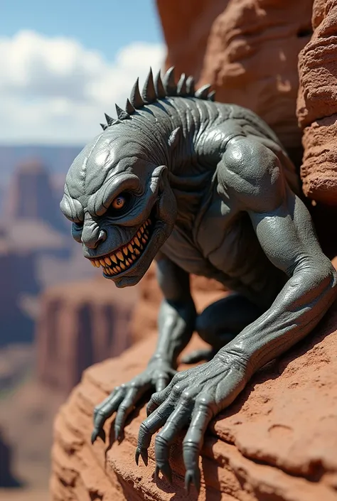 close up of a grotesque brute gray creature crawling on the grand canyon walls, highest definition, highest detail, highest quality 