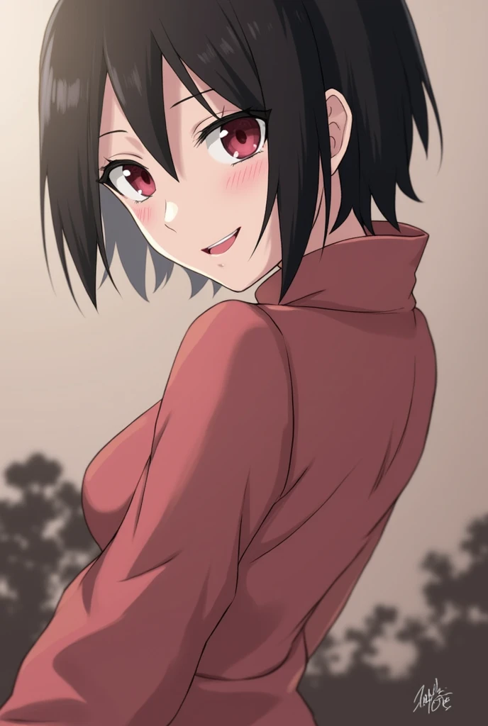 1girl, Solo, High Resolution, Looking at viewer, Smile, Short Hair, Black Hair, From Behind, Depth Of Field, Masterpiece, Accurate, Anatomically Correct, Best Quality, HD, Red Eyes, Red Lips, Seductive Smile, Feet Out Of Frame, Sarada Uchiha,