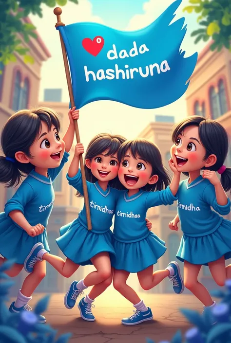 Create many girls with are where blue ♥️ clothes written TIRMIDHAA end the touch the flag which written DADA HASHIRUNA 