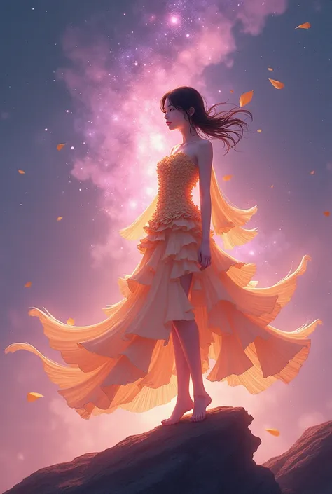 Japanese-Korean Anime Style ，A beautiful Taiwanese woman stands on a rock， The path around swirling 、ethereal light。  wearing a full body of golden mushrooms ， sparkling with a soft unusual glow 。  This is an all fresh golden needle mushroom ， A beautiful ...