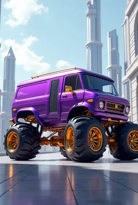 Create a purple van car color super giant tires model 2025 Ultra gold in the end