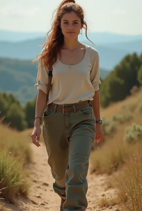 cute 19-year-old tall lithe Jewish teenager, very long messy dark auburn hair, hair tied back, loosely tucked-in plain scoop-neck shirt, loose pants, hiking boots, ((big giant enormous oversized massive huge colossal breasts)), long torso, back country hik...