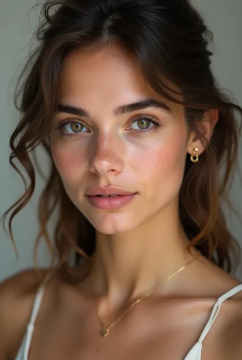 Un portrait naturel et réaliste dune jeune femme de 22 ans, aux cheveux châtains légèrement ondulés et coupés juste en dessous des épaules. Son visage est peu commun, avec des defauts, avec des traits uniques, des taches de rousseur couvrant ses joues et s...