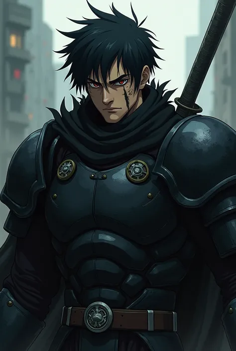 Man similar to guts from berserk with dark hair wearing a black armor like the one from berserk and with a scar like the one of levi ackerman. Anime style,, kentaro miura style