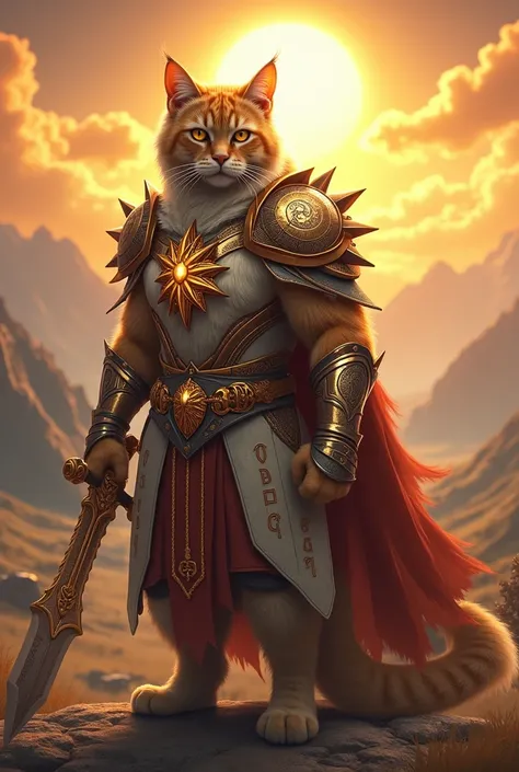 A cat in sunburst armor and with a legendary sword in its paw