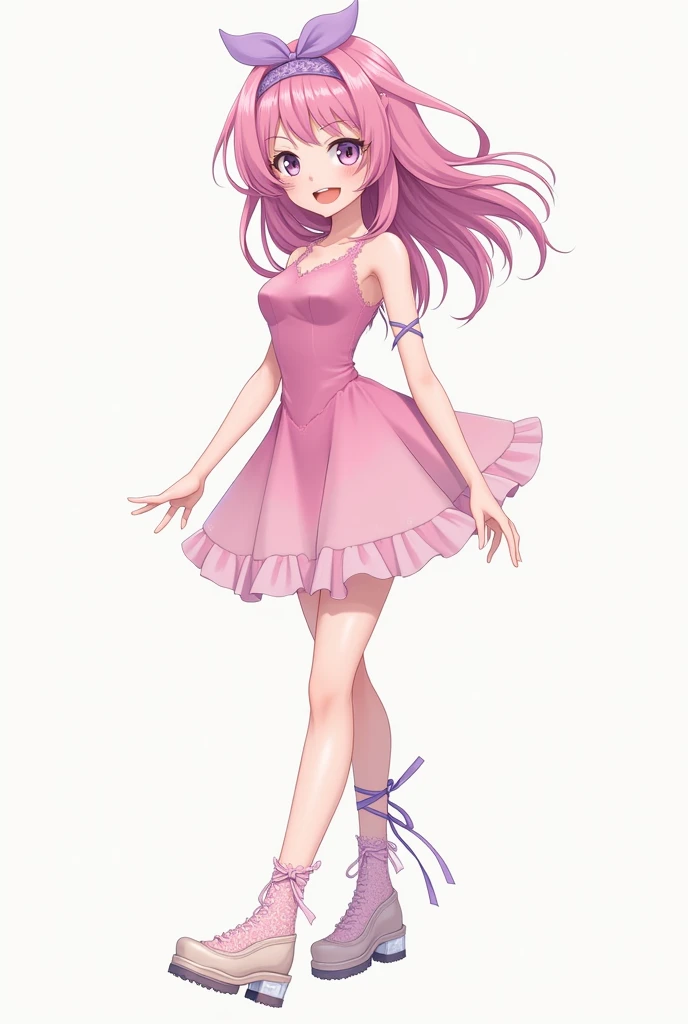 Loli from anime
Pink hair
purple headband
sexy pink short dress
Whole body 
Transparent platform siding 
Laco tied around the leg 