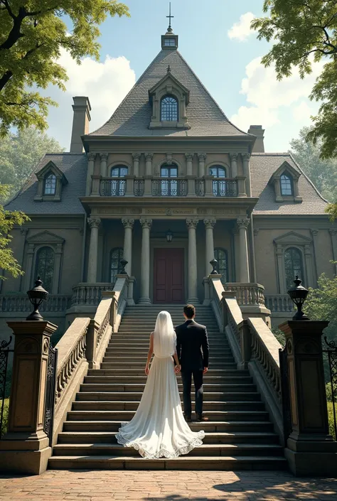 
realistic  An old building with a triangular roof and large stairs surrounded by fences and the groom and bride on the stairs